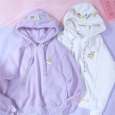 Bunny Rabbit Flower Embroidery Hoodie Sweatshirt White Hoodie With Cartoon Print For Spring, Kawaii Long Sleeve Sweatshirt For Spring, Spring Kawaii Long Sleeve Sweatshirt, Spring Long Sleeve Kawaii Sweatshirt, Spring Harajuku Sweatshirt With Cartoon Print, Cute Hoodie With Drawstring Hood For Spring, Cute Cotton Hooded Sweatshirt, White Cotton Kawaii Sweatshirt, Spring Cotton Kawaii Hoodie