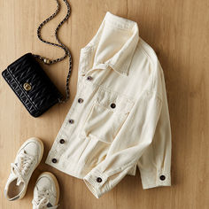 outerwear outfit inspo fall fashion outerwear white denim jacket with big pocket fall outerwear trends #trends #outerwear #fallouterwear #clothes #jacket Shirt Jacket Womens, Winter Jacket Outfits, Clothes Jacket, Fashion Outerwear, Fall Outerwear, Outerwear Trends, White Denim Jacket, Big Pockets, Big Pocket