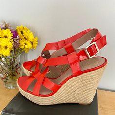 Vince Camuto, Size 8, Patent Leather, Adjustable Back Strap. Super Comfortable, Smoke Free Home. Red Ankle Strap Wedge Sandals For Vacation, Summer Wedge Sandals With Red Sole And Ankle Strap, Summer Ankle Strap Wedge Sandals With Red Sole, Red Open Toe Wedge Sandals For Vacation, Chic Summer Wedge Sandals With Red Sole, High Heel Wedge Sandals With Red Sole For Summer, Summer Wedge Sandals With Red Sole And Round Toe, Summer High Heel Wedge Sandals With Red Sole, Red Wedge Sandals For Beach