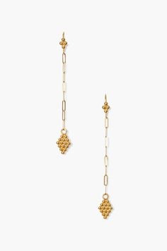 Gold chain drop earrings with diamond shaped charms. 18k gold plated sterling silver. 2 1/2" drop. Handmade in Vietnam. Chain Link Earrings, Gold Chain Earrings, Chain Drop Earrings, Pearl Necklace Earrings, Sterling Silver Anklet, Link Earrings, Silver Design, Silver Anklets, Diamond Charm