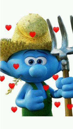 the smurf is wearing a straw hat and holding a large metal fork with hearts on it