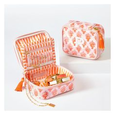 Featuring bold and playful vacation-ready prints, this zip-top jewelry case safely holds rings, bracelets, necklaces and more. Made from coated fabric that's easy to wipe clean, it's a travel-ready companion for weekend adventures or international jaunts. Add an embroidered monogram for a personal touch.  3" w x 4" d x 2" h  Two interior zip pockets: 4" w x 2.5" h  Polyester twill, PVC coating.  Clean with a damp cloth.  Imported.  Monogramming is embroidered. Compact Multicolor Travel Bags, Rectangular Portable Travel Accessories Gift, Rectangular Portable Travel Accessories As Gift, Preppy Bags, Car Things, Strawberry Hearts, Weekend Adventures, Kids Pottery, Event Logo