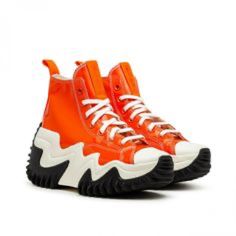 Rubber Cap Toe Lace-Up Closure Webbing Pull-Loop At Tongue And Heel Collar Logo Patch At Inner Side Sculptural Rubber Platform Midsole Treaded Rubber Sole Orange -Color Hardware Contrast Stitching In White Orange High-top Lace-up Sneakers With Vulcanized Sole, Orange High-top Sneakers With Vulcanized Sole, Orange Vulcanized Lace-up High-top Sneakers, Orange Lace-up High-top Sneakers With Vulcanized Sole, Converse Orange High-top Sneakers With Vulcanized Sole, Orange Converse High-top Sneakers With Vulcanized Sole, Trendy Orange Sneakers With Laces, Orange High-top Sneakers With Contrast Sole For Sports, Orange High-top Sneakers With Contrast Sole