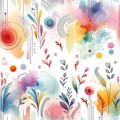 watercolor flowers and swirls are painted on a white background with blue, pink, orange