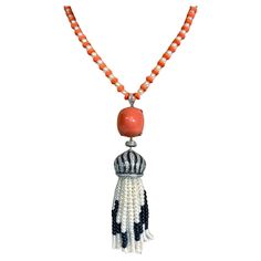 Art Deco Style Coral Pearl Diamond Costume Jewelry Tassel Necklace by Clive Kandel From our Art Deco Paris museum archives, come this exclusive creation of a coral and pearl neclace suspending a CZ set, diamond look, large manmade coral cabochon, Turban Top dome with a real pearl and onyx tassel. The necklace is 16 inches long and the tassel is 5 inches long. Very real looking Art Deco 'Cartier Style' costume jewelry but fine as can be. Our exclusive jewellery is unique; this is the only jewel o Diamond Costume, Multicolor Pearl Necklace, Deco Beads, Tassel Jewelry, White Gold Necklaces, Modern Necklaces, Exclusive Jewelry, Estilo Art Deco, Pearl Diamond