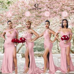 the bridesmaids are posing in pink dresses