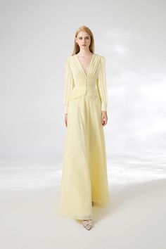 Khalil A-line Cuff Sleeved Chiffon Floor Length Dress - MEAN BLVD Knitwear Outfit, Happy Clothes, Mean Blvd, Floor Length Dress, Soft Yellow, Dresses By Length, Chiffon Skirt, Floor Length Dresses, Chiffon Fabric