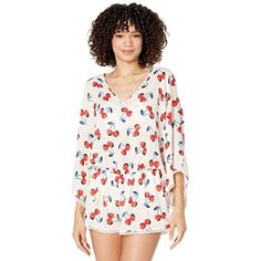 Kate Spade New York Whether Lounging Oceanside Or The By The Rooftop Pool Down The Street, You Can't Go Wrong With The Very Flattering Kate Spade New York Cherry Toss Kimono Sleeve Cover-Up S~M~~ Nwt $142 White V-neck Rayon Top, White Summer Top For Loungewear, Chic Red Loungewear Top, V-neck Rayon Blouse For Loungewear, Rayon V-neck Blouse For Loungewear, White Summer Rayon Tops, Red Summer Loungewear Tops, White Rayon Beach Blouse, Red Tops For Summer Loungewear