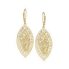 Ross-Simons - Italian 18kt Yellow Gold Filigree Drop Earrings. These artful 18kt yellow gold drop earrings feature a fabulous filigree pattern that mimics the elegant look of lace, with satin and polished finishes that enhance the intricate openwork. Hanging length is 2". Made in Italy. Leverback, 18kt yellow gold filigree drop earrings. Jewelry Presentation, Italian Gold Jewelry, Diamond Anklet, Mixed Metal Bracelets, Yellow Gold Drop Earrings, Pearl Strands Necklace, Mixed Metal Earrings, Boutique Trends, Filigree Pattern