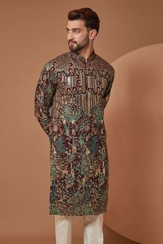 Black kurta with all over floral embroidery using green and gold thread work. Paired with a pant. - Aza Fashions Georgette Kurta, Kurta For Men, Embroidery Floral, Pattern Embroidery, Kurta With Pants, Full Sleeves, Pants Pattern, Floral Flower, Embroidered Flowers