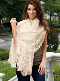 A diaphanous layer of surprising warmth, this shawl protects against cool evening breezes with elegance and charm. Multiple styles of point d’Alencon lace, first made in France in the 16th century, become contemporary when applied in a blithely freeform fashion along both ends of this imported shawl. 50% silk and 50% wool combine for an exquisitely soft effect. In  Gray, with matching overlapping panels of lace and eyelash fringe. Luxury Silk Shawl With Sheer Dupatta, Elegant Lace Trim Shawl Scarf, Elegant Shawl Scarf With Lace Trim, Elegant Lace Shawl Scarves, Lace Dupatta With Lace Trim, Elegant Lace Dupatta, Elegant Beige Lace Dupatta, Elegant Lace Shawl Dupatta, Elegant Sheer Dupatta Shawl