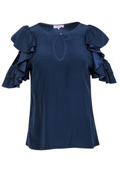 Current Boutique-Parker - Navy Silk Cold Shoulder Blouse w/ Ruffles Sz S Chic Tops With Ruffled Collar For Night Out, Elegant Ruffle Sleeve Evening Blouse, Elegant Evening Blouse With Ruffle Sleeves, Chic Formal Blouse With Ruffle Sleeves, Chic Formal Tops With Ruffle Sleeves, Elegant Silk Off-shoulder Blouse, Off-shoulder Silk Blouse For Spring, Silk Ruffled Evening Tops, Spring Silk Off-shoulder Blouse