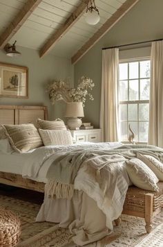 a bedroom with a large bed and lots of pillows on the floor next to a window