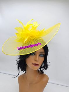 Extra Larg4Elegant Yellow Fascinator! Classic style to go with a variety of outfits: bridesmaids,  cocktail party,  Kentucky Derby, Rehearsal dinner, Easter and church outfits.  Ones with hair clip and headband.  - 50 - 55 inches  - Rare find - Lightweight  - Ready to ship - Fast Shipping - Free Shipping - Group discount available - Customize by adding different color flowers and or feathers - Headband and Hair clip  CHECK OUT MY STORE FOR OTHER STYLES & COLORS: etsy.com/shop/Hatsandpearls Find more at my website for more styles: www.hatsandpearls.com  Reach out to me if you can't find what you are looking for.  I can make cake custom orders and help you style and match your outfit  Tag and share your pictures when you wear and style our hats.  Instagram: @hats_pearls Facebook: Hats Pearls Derby Dinner, Yellow Fascinator, Black And White Hats, Hat Tea Party, Fuchsia Wedding, Fascinator Wedding, Kentucky Derby Fascinator, Derby Fascinator, Easter Hats