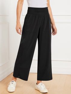 Part of T by Talbots, our most comfortable collection ever! Leisurely, light and ready for your everyday adventures. Elevate your sporty-chic look with these utility-inspired wide leg pants. Features a flattering high waist and side slits at the hem. Lightweight Woven Stretch fabric provides incredible all-day comfort and style. Packable, wrinkle-resistant finish with SunWell UPF 50+ protection. Detailed with patch pockets for all your essentials. Features Wide Leg Hits Above Waist Ankle Length Pull On Closure Front Patch, Back Welt Pockets Side Slit Hem SunWell UPF 50+ Imported Fit: Misses: 27"; Petite: 24 1/2"; Plus: 27"; Plus Petite: 24 1/2" Material: 86% Polyester, 14% Spandex Care: Machine Wash Cold; Only Non-Chlorine Bleach When Needed; Tumble Dry Low; Cool Iron, If Needed | Lightwei Versatile Ankle-length Wide Leg Pants, Wide Leg Activewear With Pockets And 4-way Stretch, Athleisure Wide-leg Parachute Pants With Pockets, Functional Relaxed Fit Wide Leg Cargo Pants, Versatile Straight Leg Yoga Pants With Pockets, Sporty Wide-leg Cargo Bottoms, Sporty Wide-leg Pants With Cargo Pockets, Wide Leg Cargo Pants With Side Pockets For Sports, Sports Wide Leg Pants With Cargo Pockets