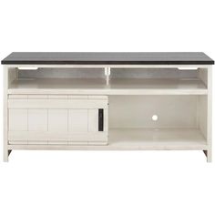 a white tv stand with black top and drawers