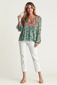 Green V Cut Neck Floral Lantern Sleeve Blouse Spring Rayon Top With Split Neck, Green Long Sleeve Rayon Top, Green Rayon Long Sleeve Tops, Casual Green Blouse With Boho Print, Green V-neck Peasant Top For Fall, Long Sleeve Blouse With Boho Print For Spring, Bohemian Viscose Tops For Spring, Fall Green V-neck Peasant Top, Spring Bohemian Viscose Tops