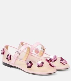 Sequined leather-trimmed Mary Jane flats in pink - Mach Mach | Mytheresa Mesh Flowers, Shoes Minimalist, Life In Pink, Mesh Flats, Pink Toes, Kids Footwear, Shoes Cute, Random Colors, Pink Pumps