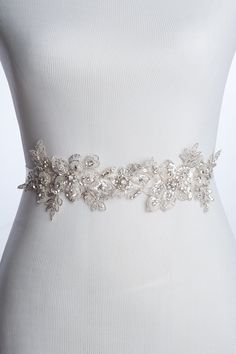 "bridal lace sash Kara, crystal lace sash, wedding dress sash, fitted bridal sash, wedding belt, flower bridal sash, lace sash and belt. this gorgeous wedding belt is made of rhinestones embellished lace, attached to a satin ribbon or a stretch satin ribbon if you would like it fitted to your waist. very beautiful beautiful piece, picture do not actually do justice to the belt. the embellishment is approx 13 inches long beaded. your choice of regular double face satin ribbon (3/4\" wide) to tie Recycled Wedding Dress Ideas, Recycle Wedding Dress, Wedding Suggestions, Wedding Dress Sash Belt, Crystal Lace, Wedding Dress Sash, Wedding Belt, Embellished Belt, Wedding Dress Belt