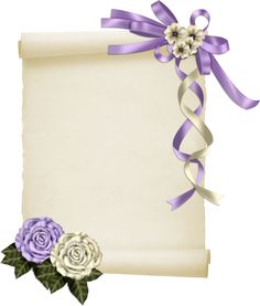 a white paper with purple ribbon and flowers