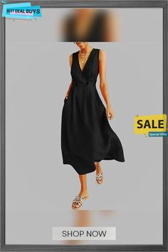 Elegant Women Ladies Summer Boho Dress Evening Party Beach Dresses Sundress Elegant A-line V-neck Dress For Beach, Elegant A-line V-neck Beach Dress, Non-stretch Knee-length Beach Sundress, Beach Maxi Length Solid Color Dress, Solid Color Maxi Dress For Beach, Solid Color Maxi Dress For The Beach, Black V-neck Midi Dress For Summer, Flowy Solid Color Beach Dress, Solid Color Beach Dresses For A Day Out