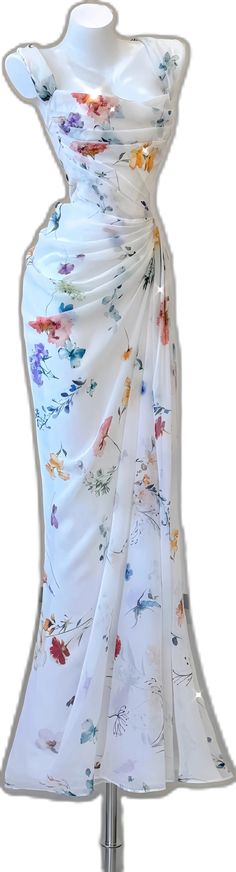 White Floor-length Midi Dress For Spring, Summer Wedding Guest Dress With Flowy Skirt, Elegant Floral Print Maxi Dress For Spring, Elegant Spring Maxi Dress With Floral Print, Flowy Maxi Dress With Floral Print, Spring Floral Print Maxi Dress With Flowy Skirt, Floral Midi Dress For Spring Wedding, Spring Wedding Floral Midi Dress, Elegant Long Floral Summer Dress