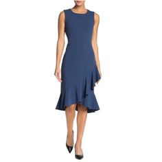 Elevate A Classic Sleeveless Dress With A Ruffle Tiered Hem For A Feminine Style. - Jewel Neckline - Sleeveless - Back Hidden Zipper Closure - Ruffle Hem - Solid - Unlined Blue Knee-length Ruffled Sleeveless Dress, Blue Sleeveless Midi Dress With Ruffles, Ruffled Sleeveless Dress For Workwear, Elegant Blue Ruffled Sleeveless Dress, Elegant Blue Sleeveless Dress With Ruffles, Sleeveless Ruffle Hem Office Dress, Sleeveless Work Dress With Ruffle Hem, Blue Ruffled Midi Sleeveless Dress, Blue Midi Sleeveless Dress With Ruffles