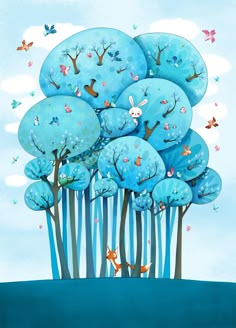 a painting of blue trees with butterflies on them