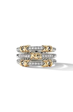 Sterling silver with 18-karat yellow gold. Pavé diamonds, .21 total carat weight. Ring, 12mm. Imported. 1/2" band width Diamond Guide David Yurman Ring, Silver Bracelets For Women, Cable Bracelets, David Yurman Jewelry, Luxury Rings, Jewelry Inspo, David Yurman, Pave Diamonds, Gold Bands