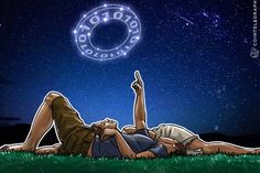 a man laying on the ground under a star filled sky with an astro sign above him