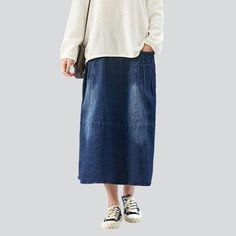 Make a statement this season with our 2023 Autumn Collection city style long denim skirt! Whether you're looking to express your streetwear spirit or embody Y2K nostalgia. this skirt is the perfect piece to upgrade your wardrobe.Why You'll Fall in LoveThis long denim skirt is designed with the modern fashionista in mind. boasting a street style-inspired look with a dark wash finish. Its high waist and rubber closure offers a secure. comfortable fit. while its side pockets and unique styling add Denim Skirts Online, Y2k Nostalgia, Womens Denim Skirts, Long Denim Skirt, Tall People, Essential Wardrobe, Jeans Skirt, Current Fashion, Autumn Collection