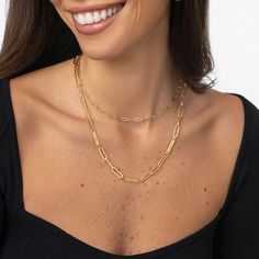 Fit Guide Safety Policy Care InstructionsA gold chain necklace perfect for layering, this piece can be customized with dainty charms to create a unique look each time you wear it. This is a sign to add this to your collection (or give as a gift to your loved one).14K Solid Gold: 14K solid gold is a timeless metal. It keeps its look forever without oxidizing or changing its color, making it a must-have in your collection.Customize Me! Personalize your chain with 1-4 charms.How To Make It Yours: Include an initial charm to give this piece a personal touch.How To Wear It: Match this necklace with other chains from our collection for a trendy, curated look! Everyday Fine Jewelry Paperclip Chain Necklace, Yellow Gold Paperclip Chain Necklace For Layering, Dainty Double Chain Yellow Gold Charm Necklace, Yellow Gold Cable Chain Charm Necklace For Layering, Dainty Yellow Gold Charm Necklace With Double Chain, Yellow Gold Jewelry With Paperclip Chain For Layering, 14k Yellow Gold Filled Chain Necklace For Layering, Paperclip Double Chain Necklace For Gift, Double Chain Paperclip Necklace For Gift