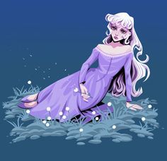 a drawing of a woman in a purple dress sitting on the ground with her legs crossed