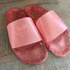 Pink Sparkly Coach Slide Sandals Brand New Without Tags! Size 9 Summer Slip-on Slides With Translucent Outsole, Coach Open Toe Sandals For Vacation, Coach Casual Slip-on Sandals, Coach Open Toe Adjustable Sandals, Coach Sandals For Vacation With Round Toe, Coach Sandals For Vacation, Coach Adjustable Open Toe Sandals, Coach Pink Sandals For Beach, Coach Slide Sandals For Spring