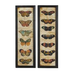 two framed pictures with butterflies on them, one is brown and the other is yellow