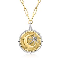 Ross-Simons - .10ct t. w. Diamond Moon, Star Pendant Necklace in Two-Tone Silver. 20". Many look toward the sky for celestial inspiration. Bring that sense of wonder to your stylish ensembles with this charming moon and star pendant necklace! Boasting a versatile two-tone look, the medallion features a crescent moon and lively star shining bright with .10 ct. t. w. diamond rounds. Set in polished sterling silver and 18kt yellow gold over sterling silver on a paper clip link chain. Textured and p Medallion Jewelry, Celestial Earring, Celestial Inspiration, Moon And Star Pendant, Moon Star Pendant, Celestial Pendant, Star And Moon Necklace, Moon And Star Ring, Detailed Necklace