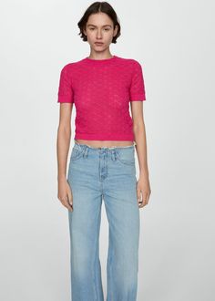 Openwork short-sleeved sweater - Women | Mango USA Mango Outlet, Sleeved Sweater, Fuchsia Color, Summer Inspo, Sweater Women, Short Sleeved Sweaters, Spring Summer Fashion, Emporio Armani, Moschino