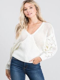 ivory knit sweater Pointelle Sweater, Sweater Sleeves, Sleeve Sweater, Bell Sleeve Top, Open Shoulder Tops, Boutique, Women's Top, Mariana