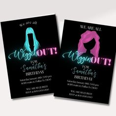 two black and pink birthday cards with neon lights