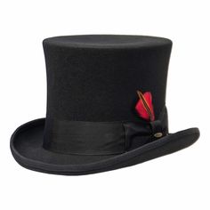 Nothing beats a top hat when it comes to magic and mystery. Our Saint Martin Magician hat casts a spell on you from the moment you try it on. Made with high-quality materials for exceptional durability, the hat looks ready to have a rabbit pulled from it at any moment. The hat features premium wool felt and a 2-inch grosgrain band with a distinctive red feather slipped into it.With sizes ranging from small to double-extra-large, this topper is sized for just about anyone. We can assist you with Formal Adjustable Top Hat With Flat Bill, Adjustable Short Brim Top Hat For Costume, Magician Hat, Outback Hat, Plain Canvas, Ivy Cap, Safari Hat, Stetson Hat, Formal Accessories