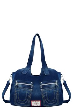 Contrast topstitching and horseshoe-stitched pockets bring signature style to a denim shoulder bag with handy zip pockets and a removable crossbody strap. 18" x 7" x 4" 5" handle drop; 29" strap length Magnetic snap closure Dual shoulder straps; removable, adjustable crossbody strap Exterior with two slip pockets; two zip pockets Interior with slip pocket; zip pocket Textile lining Textile Imported Denim Shoulder Bag, Contrast Topstitching, Denim Shoulder Bags, Brand Jeans, Jeans Brands, Dark Denim, Crossbody Strap, True Religion, Signature Style