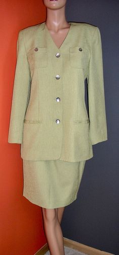 "Vintage 90s, spring, green, long jacket, strong shoulder, skirt suit. By Amanda Smith. Size 6. Shoulder pads. Fully lined. Linen look poly. Excellent condition, no flaws or damage. Appears unworn. Measurements: Jacket: shoulders across front: 15\" chest across front: 19\" waist across front: 17\" hips across front: 20\" sleeve inseam: 16\" with 1\" hem Skirt: waist across front: 13\" hips across front: 19\" length: 24\" Please remember that vintage sizes are often much smaller than contemporary Classic Spring Skirt Suit With Pockets, Green Fitted Skirt Suit For Formal Occasions, Tailored Green Skirt Suit For Office, Green Tailored Skirt Suit For Office, Spring Green Fitted Skirt Suit, Fitted Green Skirt Suit For Spring, Classic Fitted Green Skirt Suit, Classic Green Fitted Skirt Suit, Classic Green Skirt Suit For Work