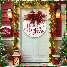 a merry christmas door hanger with lights and decorations on the side of a house