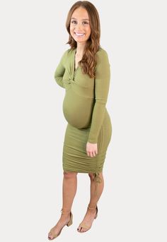 Our twist maternity dress is an ultra flattering outfit every mama needs in their wardrobe! Constructed of an ultra lightweight material guaranteed to keep you and your growing bump covered without any bulk. Perfect for a date night or a girls night out! The bodycon fit is flattering throughout all nine months of pregnancy and beyond. Ruched V-neck Maternity Dress, Spring Bodycon Maternity Dress, Spring Nursing-friendly Fitted Maternity Dress, Spring Fitted Maternity Dress Nursing Friendly, Casual Fitted Ruched Maternity Dress, Fitted Maternity Dress For Spring, Fitted Ruched Maternity Dress For Spring, Spring Maternity Dress With Stretch, Stretch Bump-friendly Maternity Dress