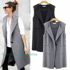 Women Sleeveless Longline Waistcoat Jacket Trench Cardigan Blazer Coats Solid   Color:Black  Grey Size:S-5XL Material:Polyester         Payment 1. Payment must be made within 7 days of auction closing (Unpaid dispute will automatically open when item is not paid in 7 days). 2. PLEASE NOTE: SHIPPING&HANDING DOES NOT INCLUDE DUTIES, LOCATL TAXES OR ANY OTHER IMPORTATION FEES. 3. Please list your special requests (color, packages, value of declaration, etc.) in the EBAY NOTES SECTION when you make Elegant Outerwear Vest For Layering, Elegant Single Breasted Vest For Fall, Sleeveless Buttoned Outerwear For Fall, Sleeveless Buttoned Fall Outerwear, Sleeveless Fall Outerwear With Buttons, Casual Single-breasted Fall Vest, Chic Vest With Lapel Collar Outerwear, Office Vest With Pockets For Fall, Fall Workwear Cardigan Vest