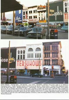 two pictures of cars parked on the street in front of buildings with advertisements above them