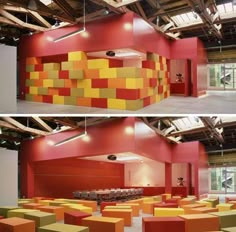 two pictures of the inside of a building with red and yellow blocks on the walls