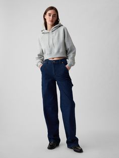 Fit: A full-length loose jean that's fitted on the waist & relaxed all the way down.  Fabric: 99% Organic Cotton, 1% Stretch.  Stretch: Low Stretch Jeans.  Authentic denim with a soft & easy lived-in feel. ​ Rise: Mid Rise Jeans.  Look: A carpenter jean in a dark indigo wash.  Details: Zip fly, front slant pockets, back patch pockets, carpenter loop & pockets at side.  Responsibly Made: This pair of jeans is part of our water-saving Washwell program.  Compared to conventional wash methods, Washw Straight Leg Flare Jeans For Elevated Casual Look, Gap Bottoms With Five Pockets For Fall, Gap Casual Full Length Jeans, Gap Straight Leg Jeans For Fall, Gap Casual Jeans, Relaxed Fit Mid-rise Cargo Jeans For Fall, Fall Mid-rise Relaxed Fit Cargo Jeans, Casual Full-length Gap Jeans, Casual Full Length Gap Jeans