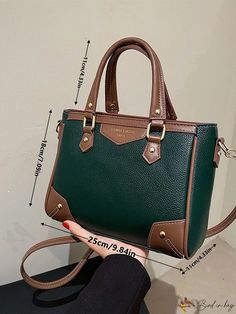 BirdinBag - Bolso cuadrado de letras con detalle de bloques de color Bag Bag, Square Bag, Dark Green, Color Blocking, Pu Leather, Size Medium, Square, Green, Leather