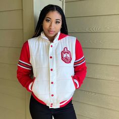 Unisex size order a size down. -White nylon with red stitching -Red ribbing with Sherpa lining -Embroidered Applique Logo hooded Final Sale Item- Discount codes no allowed on discontinued items. No refunds or exchanges. Delta Sigma Theta Jean Jacket, Delta Sigma Theta Line Jacket Designs, Delta Sigma Theta Vest, Delta Sigma Theta Long Sleeve Shirts, Hooded Puffer Vest, Red Puffer Vest, Theta Sorority, Delta Sigma Theta Sorority, Diamond Life